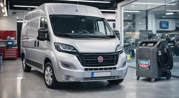 Srebrny Fiat Ducato 2.3 gotowy do serwisu. Obok maszyna do wymiany oleju Liqui Moly.