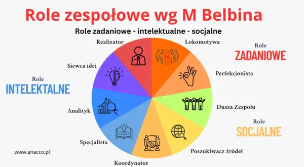 Diagram ról zespołowych wg M. Belbina: zadaniowe, intelektualne, socjalne. Kluczowe dla przywództwa w organizacji.