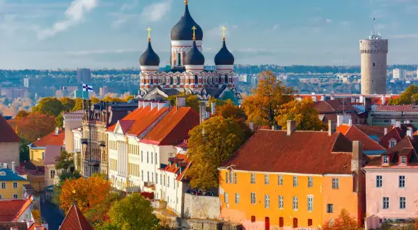 Widok na Tallin, gdzie widać cerkiew Aleksandra Newskiego i wieżę Kiek in de Kök. W tle jesienne drzewa i zabudowania, przypominające o historii i walucie Estonii.