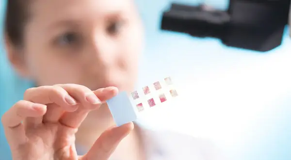 Naukowczyni analizuje próbki po biopsji gruboigłowej, oceniając wynik BIRADS 4 pod mikroskopem.