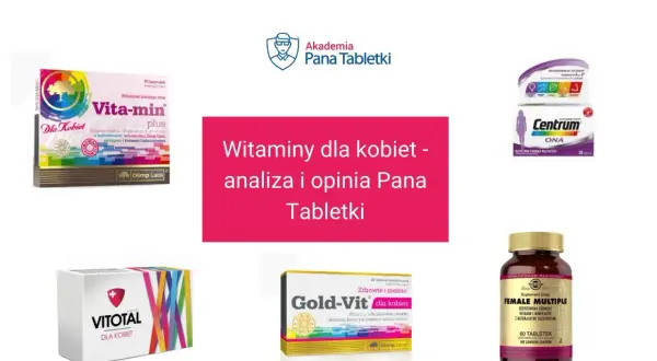 Różne opakowania witamin dla kobiet: Vita-min plus, Centrum ONA, Vitotal, Gold-Vit i Female Multiple.