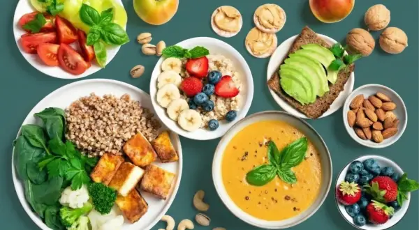 Gesunde Mahlzeiten mit proteinreichen Lebensmitteln zum Abnehmen: Buchweizen, Tofu, Gemüse, Beeren, Nüsse und Avocado.