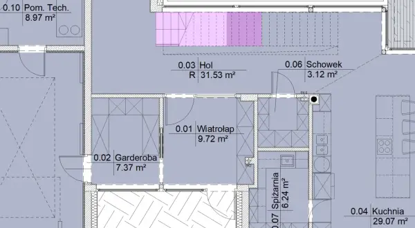 Plan mieszkania z zaznaczonymi pomieszczeniami: hol (31.53 m²), garderoba (7.37 m²), spiżarnia (6.24 m²), kuchnia (29.07 m²). Całkowita powierzchnia użytkowa do zagospodarowania.