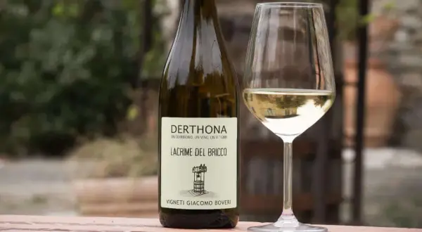 Calice e bottiglia di Derthona, vino Timorasso. Le caratteristiche di questo vino bianco piemontese sono freschezza e note minerali.