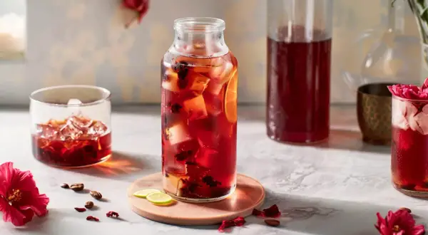 Orzeźwiający napój z hibiskusa z lodem i cytryną. Dowiedz się, jak parzyć hibiskus, by uzyskać ten piękny kolor i smak.