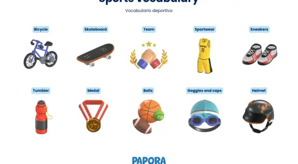 Aprende deportes en inglés para niños: bicicleta, patineta, equipo, ropa deportiva, zapatillas, termo, medalla, pelotas, gafas y casco.