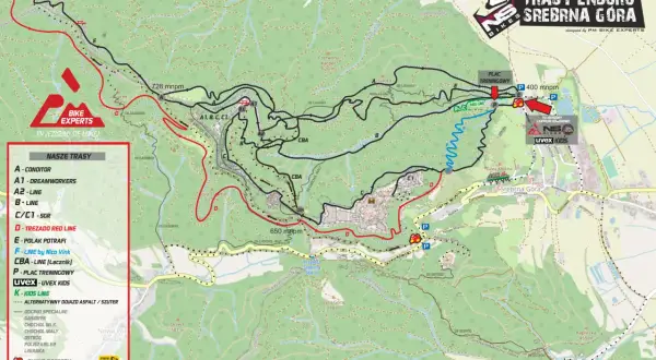 Mapa tras rowerowych Srebrna Góra. Oznaczono trasy A1-D, linie specjalne i plac treningowy.