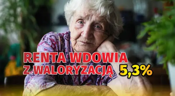 Starsza kobieta z zamyśloną miną. Napis: "Renta wdowia z waloryzacją 5,3%". Nowe zasady emerytury po mężu.