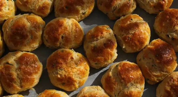 En person njuter av nybakade scones, gyllene och inbjudande.
