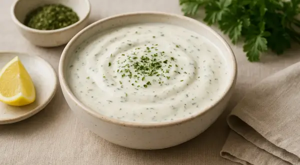 En skål med krämig ranch dressing, garnerad med persilja. En citronklyfta och en skål med torkade örter syns bredvid.