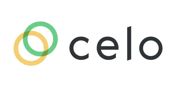 Das Logo von celo crypto: zwei überlappende Ringe in Grün und Gelb, daneben das Wort "celo" in dunkler Schrift.