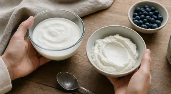 Due ciotole di yogurt, una liscia e una più densa, mostrano la differenza tra yogurt e yogurt greco.