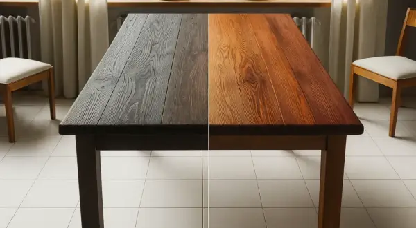Table en bois divisée : d'un côté sombre et vieilli, de l'autre clair et naturel. Une démonstration de comment éclaircir du bois sans poncer.