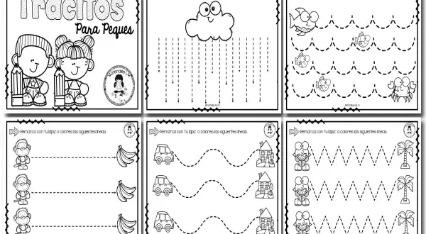Hojas de fichas grafomotricidad con dibujos de niños, nubes, peces, monos, coches y palmeras para practicar trazos.