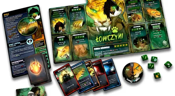 Karty i żetony z gry planszowej Dice Throne Sezon 2, przedstawiające postać Łowczyni i jej tygrysa.