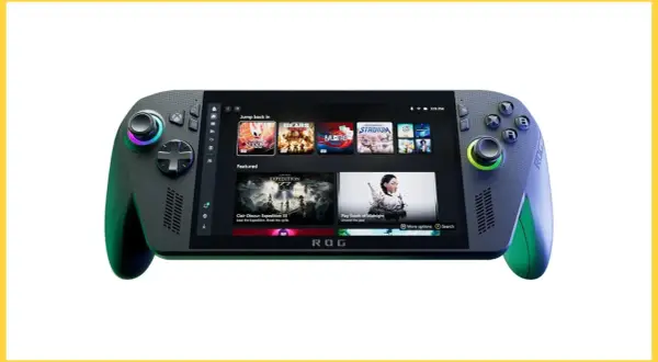 ROG Ally X, przenośna konsola do gier, prezentuje interfejs z grami Xbox.