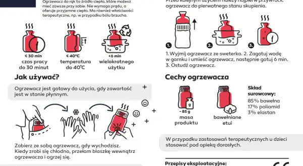 Ilustracja pokazuje, jak działa ogrzewacz do rąk: aktywacja przez przełamanie blaszki, ponowne użycie przez gotowanie.