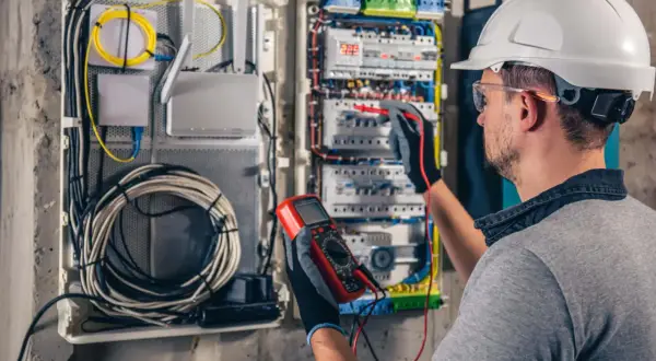 Elektryk w kasku sprawdza instalację elektryczną multimetrem. W skrzynce widać router, kable i bezpieczniki.