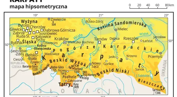 Mapa Polski z zaznaczonymi Karpatami, w tym Beskidem Żywieckim, Wysokim, Niskim i Bieszczadami.