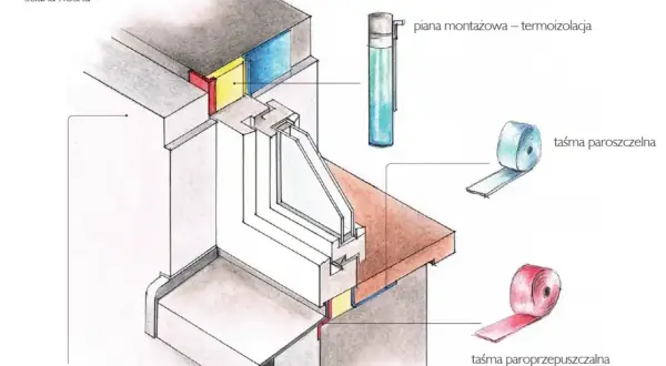 Szczegółowy przekrój okna po montażu: piana montażowa, taśmy paroszczelna i paroprzepuszczalna, ocieplenie i ściana nośna.