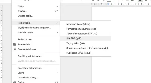 Wybierz "Pobierz jako" > "Plik PDF (.pdf)", aby wysłać CV w odpowiednim formacie.