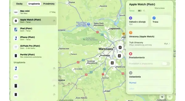 Jak znaleźć iPhone? Aplikacja Lokalizator pokazuje na mapie Warszawy urządzenia Piotra, w tym iPhone'a. Można odtworzyć dźwięk lub włączyć tryb utracony.