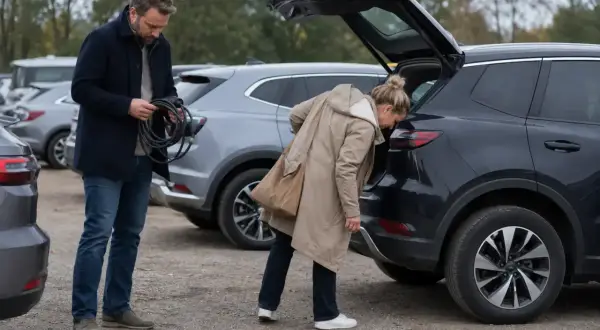 Man med laddkabel vid en begagnad elbil. Kvinna tittar i bagageluckan på en annan elbil.