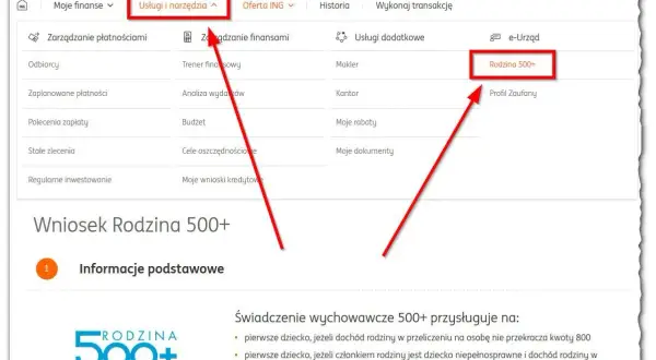 Przycisk "Rodzina 500+" w sekcji "Usługi i narzędzia" bankowości internetowej ING.