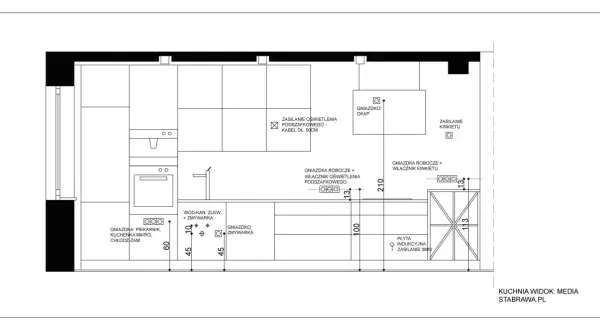 Plan kuchni z rozmieszczeniem gniazdek i punktów elektrycznych. Dowiedz się, jak narysować projekt kuchni, uwzględniając te detale.