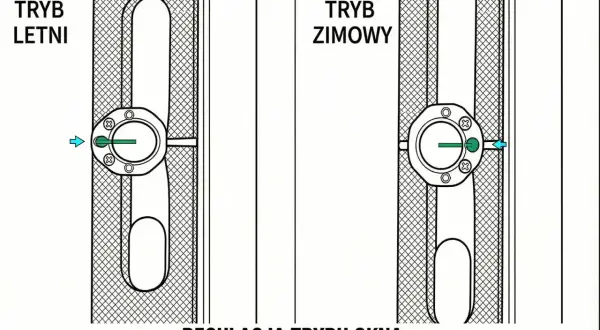Ilustracja pokazuje, jak wyregulować okno: tryb letni i zimowy. Pokrętło z zieloną kropką wskazuje pozycję.