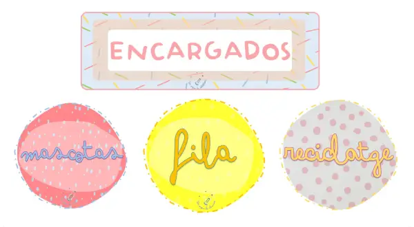 Diseño para imprimir: "Encargados de clase" con círculos para "mascotas", "fila" y "reciclaje".