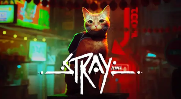 Rudy kot z plecakiem siedzi na tle neonowego miasta. Logo gry "Stray" jest widoczne.