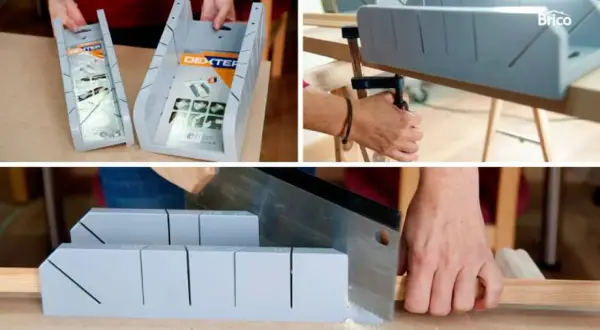 Herramienta para cortar rodapié a mano con precisión. Se muestra el uso de una caja de ingletes y una sierra para realizar cortes limpios.