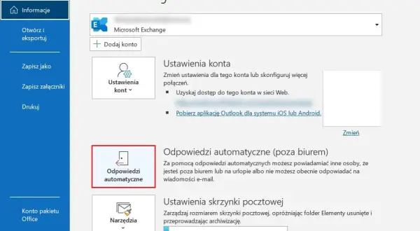 Ustawienia konta Outlook, gdzie można skonfigurować autoresponder do automatycznych odpowiedzi poza biurem.