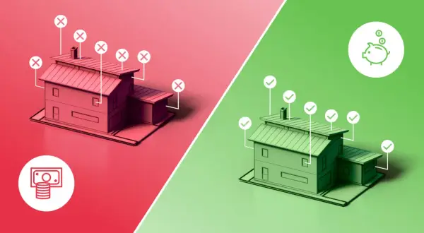 Dwa domy: czerwony z krzyżykami i ikoną pieniędzy, zielony z zaznaczeniami i skarbonką. Smart dom to oszczędność.