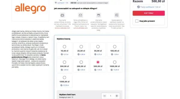 Karta podarunkowa Allegro z cashback 1.5%. Wybierz kwotę 500 zł i zyskaj 7,50 zł zwrotu.