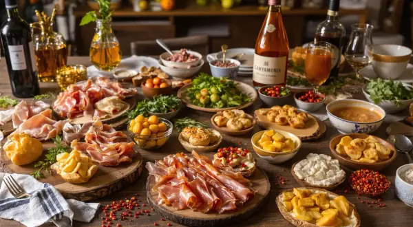 Un festin pour un apéritif : charcuterie, fromages, fruits, légumes et bouteilles de vin sur une table en bois.