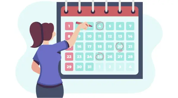 Donna segna sul calendario i turni di lavoro su 6 giorni, pianificando le giornate.
