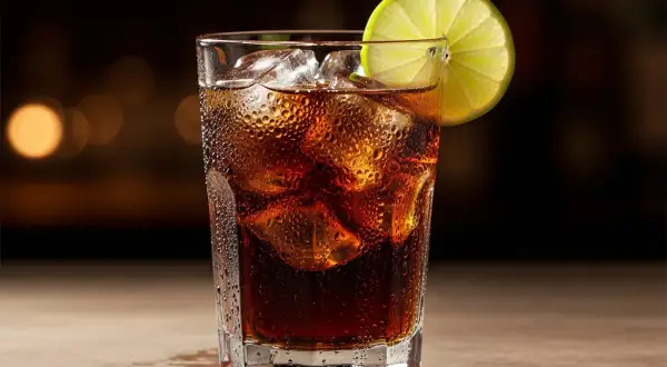 Ett glas rom och cola med is och en limeklyfta, perfekt för en varm kväll.