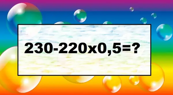 Kolorowe bańki i tęczowe tło. Na środku prostokąt z napisem: 230-220x0,5=? Rozwiąż zagadkę Jakuba 11!