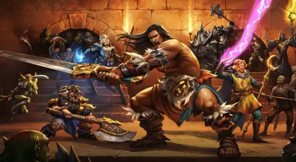 Helden kämpfen gegen Monster. Die Helden sind ein Barbar, ein Zwerg, eine Elfe und ein Magier. Die Monster sind Orks, Skelette und ein Ritter. Die Szene erinnert an die HeroQuest Erweiterungen Reihenfolge.