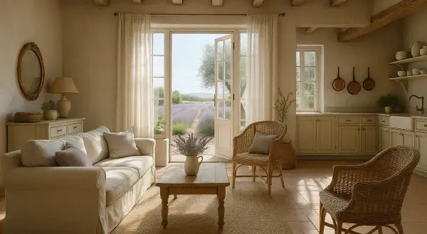 Przytulny styl prowansalski salon z widokiem na pola lawendy. Jasna sofa, wiklinowe fotele i drewniane belki tworzą sielską atmosferę.