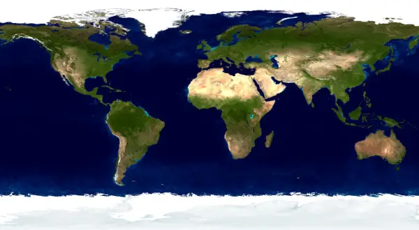 Mapa świata z widocznymi kontynentami i siedmioma oceanami.