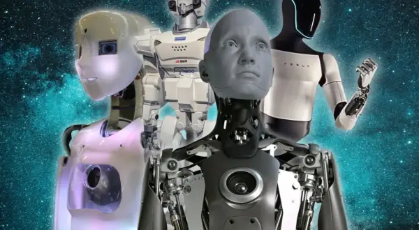 Różnorodne roboty humanoidalne, od futurystycznych po bardziej mechaniczne, prezentują przyszłość technologii.