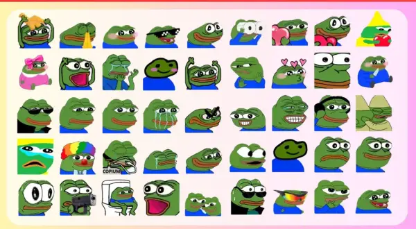 Viele verschiedene Twitch Emotes sehen, die den beliebten Frosch Pepe darstellen, in lustigen und emotionalen Posen.