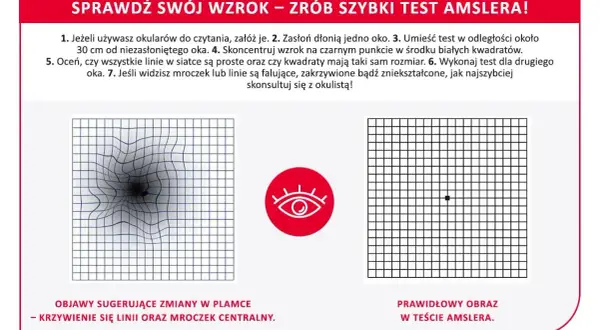 Test Amslera pokazuje zniekształcone linie i mroczek, sugerując problemy ze wzrokiem. Prawidłowy obraz jest prosty.