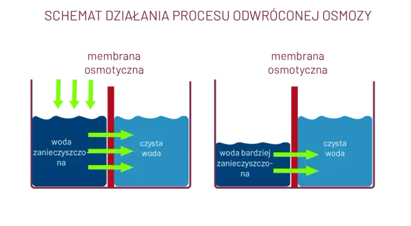 Schemat pokazuje, jak działa odwrócona osmoza: woda przechodzi przez membranę osmotyczną, oddzielając zanieczyszczenia.