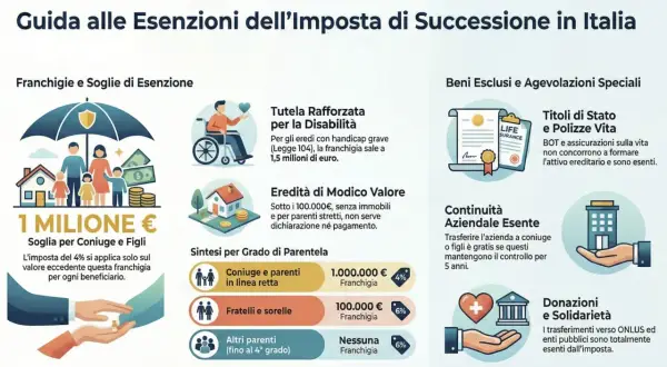 Guida alle esenzioni dell'imposta di successione in Italia: franchigie per coniugi/figli (1 milione €), disabili, eredità di modico valore e parentela.