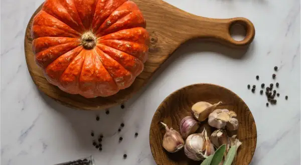 Pomarańczowa dynia muscat na drewnianej desce, obok czosnek, pieprz i zioła. Idealne składniki na jesienną zupę.