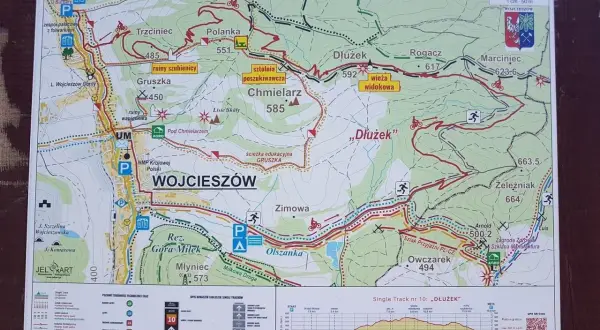 Mapa szlaków rowerowych w Kaczawskich Single Trackach, z zaznaczonymi trasami, punktami widokowymi i atrakcjami.
